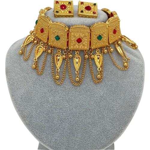 Ethiopian Chokers 24k Saudi Arabia Dubai Jewelry sets for Women Habesha Necklace Earrings Rope African Wedding Eritrean Gift