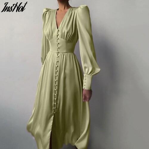 Elegant Single Breasted Sexy Dress Party Club High Waist Satin Long Dress Elegant V Neck Women Midi Chic Dresses Lantern Sleeve