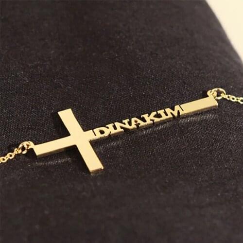 Custom Name Cross Necklace Personalized Stainless Steel Retro Christian Nameplate Jesus Pendant Choker Bijoux Femme Collier