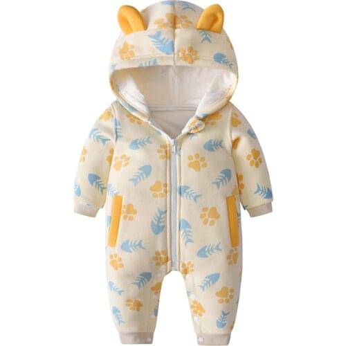 2021 Baby Girls Hooded Rompers Cotton Long Sleeve Cute Print Newborn Clothes Jumpsuit Infant Baby Clothing Toddler Outfits