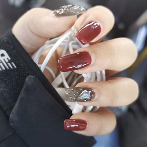 Red and Transparent black hit pure color with rhombus diamond 3d decorated fake nails lady full nail tips french false nails