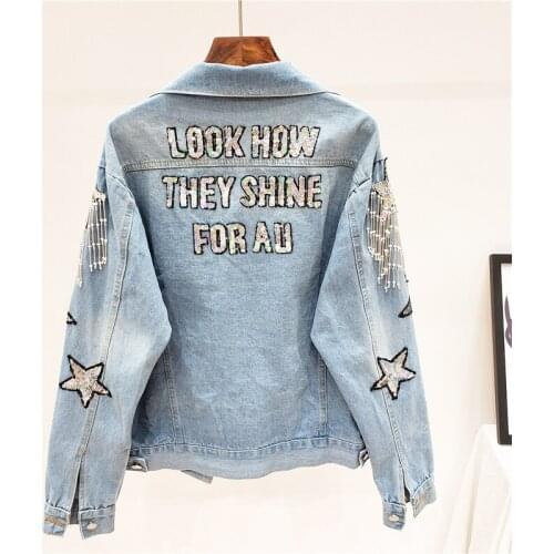 Sequined Embroidery Beading Tassel Denim Jacket Women Streetwear Loose Long Sleeve Short Coat Vintage Blue Party Outwear Female