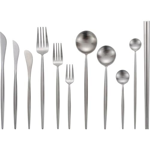 Matte Silver Cutlery Sets 18/10 Stainless Steel Dinnerware Dining Knife Spoon Fork Chopsticks Set Salad Fork Spoon Tableware Set