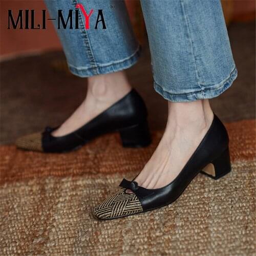 MILI-MIYA Fashion Butterfly Knot Square Toe Women Cow Leather Pumps Weave Microfiber Slip On Thick Heels Office Career Shoes