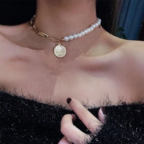 Punk Multi Layered Pearl Choker Necklace Collar Statement Virgin Mary Coin Crystal Pendant Necklace Women Jewelry