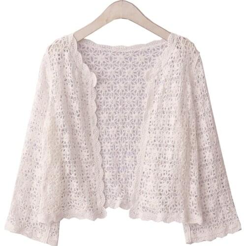 Fashion Sweet Blouse Women Vintage Beach Holiday Cardigan Crop Tops Girls Hollow Out Lace Cover Up Long Sleeve Shirts White