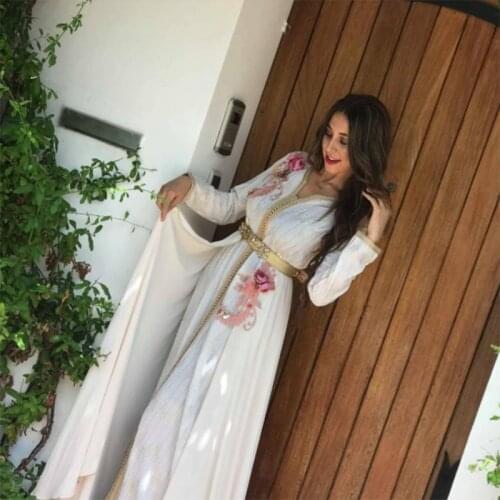 Fashion Moroccan Kaftan Muslim Evening Dress White 3D Applique Islamic Dubai Kaftan Saudi Arabic Prom Formal Dresses Custom Made