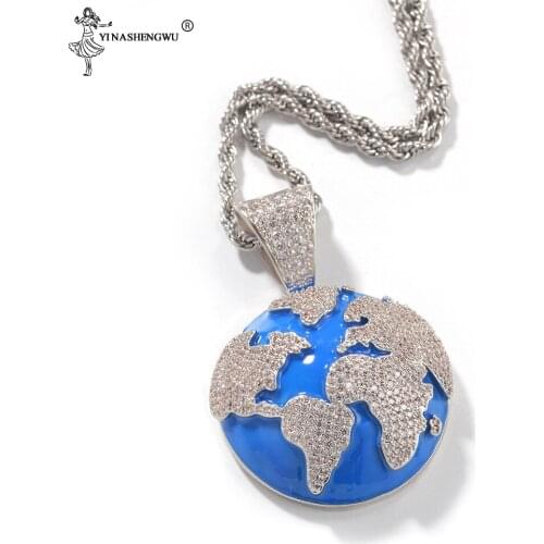 Iced Out Blue Earth Pendant Bling Cubic Zircon Necklace For Men And Women Fashion New 2020 Hip Hop Jewelry For Men Rapper Gifts