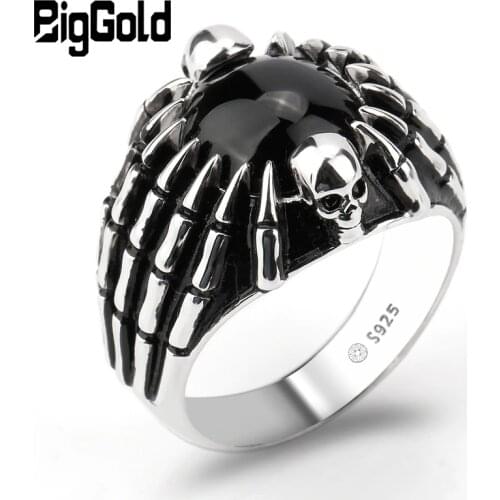 Real 925 Sterling Silver Men Ring with Black Stone Skull & Spider Picture Punk Style Finger Ring for Men Fashion Jewelry