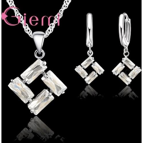 New Arrival Square shape White Cubic zircon Crystal Necklace Earrings 925 Sterling Silver Jewelry Sets Birthday party Gifts