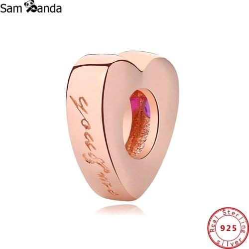 Original 100% 925 Sterling Silver Charm Bead Love Heart Spacer Charms Rose Gold Color Fit Bracelets Women Diy Fine Jewelry