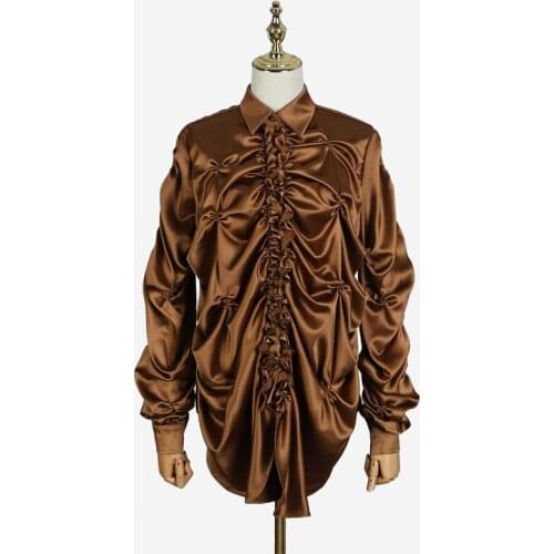 Autumn Pearls Satin Blouse Shirt Short Ladies French Retro Palace Irregular Pleated LOOSE Shirts Tops