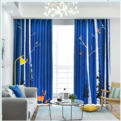 Blue curtains New simple style curtains living room bedroom bay window French window curtains