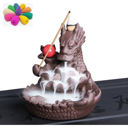 T Backflow Incense Burner Dragon with 10pcs Incense Cones Ceramic Incense Sticks Holder Living Room Ornament Incense Base