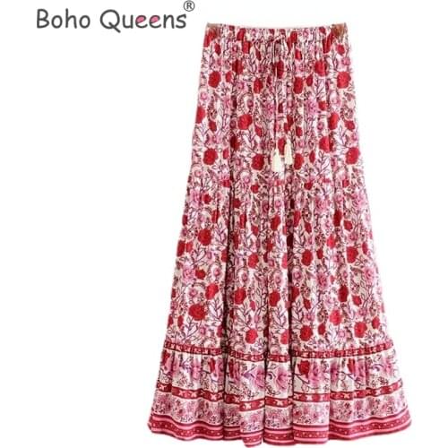 Boho Queens summer Hippie women floral printed tassel beach Bohemian Maxi skirts Ladies rayon cotton pleated Boho Skirts