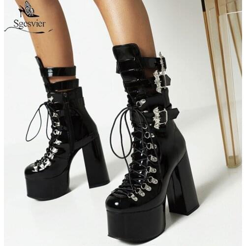 Sgesvier 2021 Women Ankle Boots Platform Square High Heel Ladies Motorcycle Boots Patent PU Leather Buckle Women Lace Up Boots