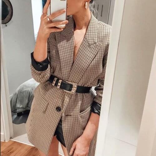 Women Blazer Za 2021 Fashion Vintage Plaid Print Loose Long Jackets Office Lady Oversized Mujer Coats V Neck Pockets Blazer