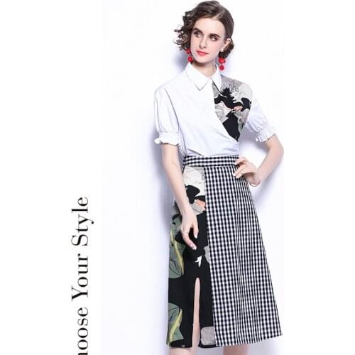 Summer Womens Suit French Commuter Lapel Printed Puff Sleeve Top+High Waist Stitching Plaid Skirt New Waist Female Sets X671
