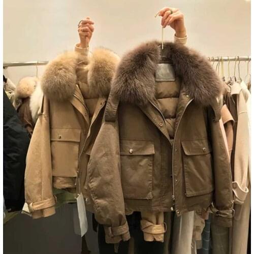 2021 Womens 90% White Duck Down Coat Real Fox Fur Collar Down Jacket Short Loose Fashion Female Big Pocket Puffer Snow Outwear