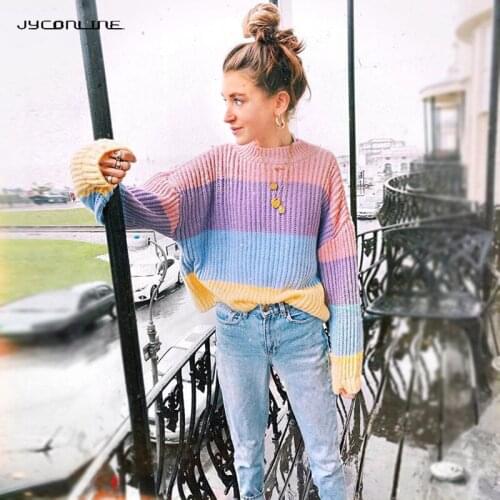 Fahsion Maccaron Color Rainbow Sweater Elegant Batwing Sleeve Winter Woman Sweater Knitted Pullover 2018 Autumn Jumpers