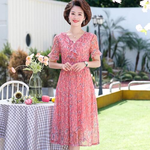 2021 Summer Fashion New Elegant Middle Aged Women Midi Dress Female Plus Size Casual Floral Print Dresses Vestidos XL-5xl Y799