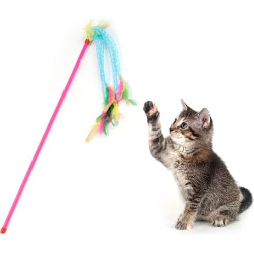 1PC Cat Teaser Wand Plastic Kitten Toy Fake Feather Cat Interactive Toy Cat Scratch Toy Colorful Kitten Accessories Pet Supplies