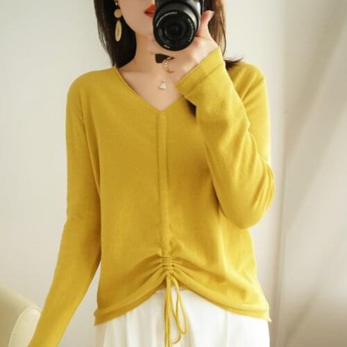 2021 Least Style Spring Autumn Women Cotton Knitted V-Neck Long Sleeve Changeable Sweater Pullover Solid Casual Loose Fashion