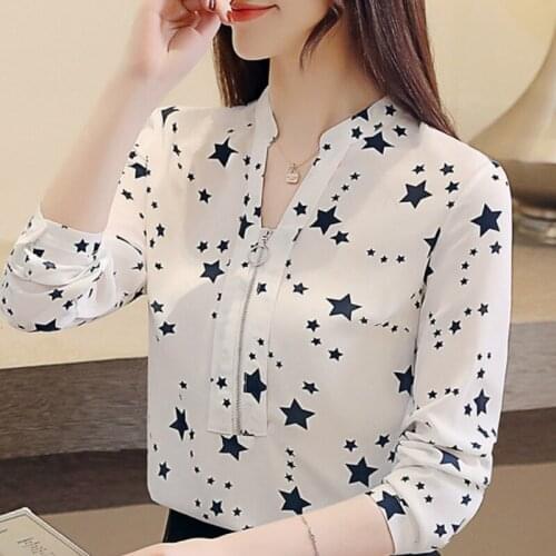 Long Sleeve White Blouse Blusas Mujer De Moda 2021 Blouse Women V-neck Office Blouse For Women Print Chiffon Blouse Shirt A879