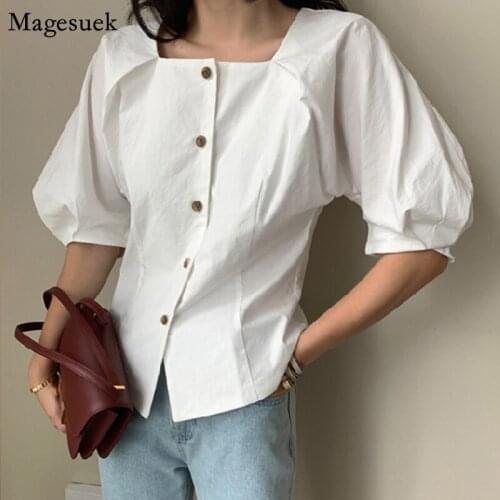 Korean Chic Short Sleeve White Shirt Women Clothes Single-breasted Square Collar Vintage Summer Blouses Women Blouses Tops 14490