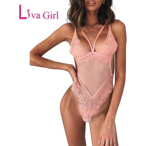 LIVA GIRL Strappy Lace Mesh Transparent Bodysuit Woman Halterneck Hollow Out Sexy Bodysuits Female Clothes Club Skinny Body Tops