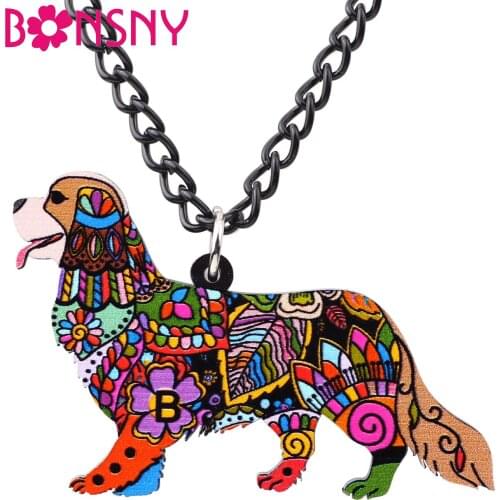 Bonsny Statement Acrylic Pattern Cavalier King Charles Spaniel Dog Necklace Pendant Collar Chain New Fashion Jewelry For Women