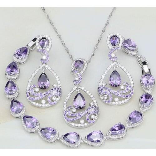 Purple Cubic Zirconia White Crystal 925 Sterling Silver Jewelry Sets For Women Stud Earrings/Pendant/Necklace/Bracelet