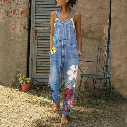Helisopus Women Denim Overalls Fashion Floral Printed Bib Jumpsuit Long Rompers with Pocket Casual Pants Plus Size 3XL