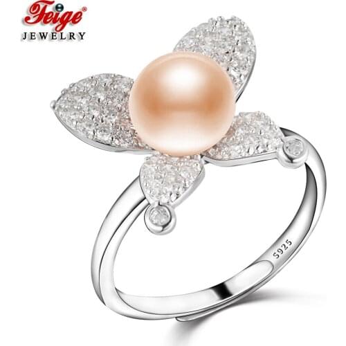 Classic Butterfly 925 Sterling Silver Pearl Rings for Women Party Jewelry 7-8MM Pink Natural Pearl Ring Fine Jewelry Gifts FEIGE