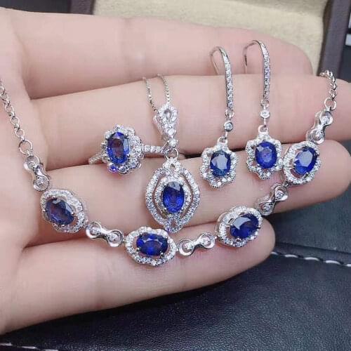 Natural sapphire S925 Ring Earring Pendant Necklace Set luxury fashion jewelry suitable for womens wedding and Party