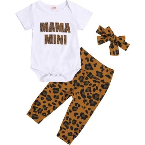 2021 0-18M Summer Infant Girl Clothing Set MAMA MINI Letter Print Short Sleeve Romper+Leopard Long Pants+Headband 3pcs Set
