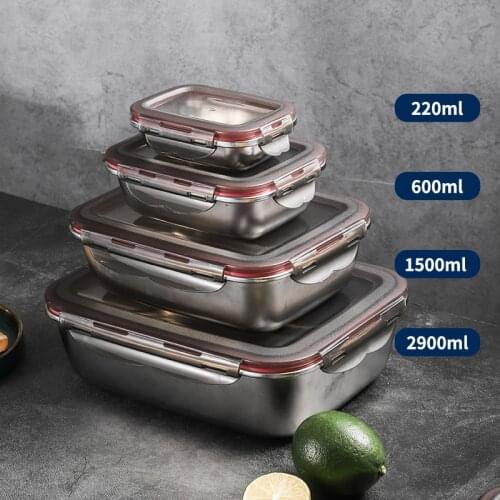 220/600/1500/2900ml 304 Stainless Steel Lunch Box Rectangular Sealed Food Fresh-keeping Boxes Office Bento Container