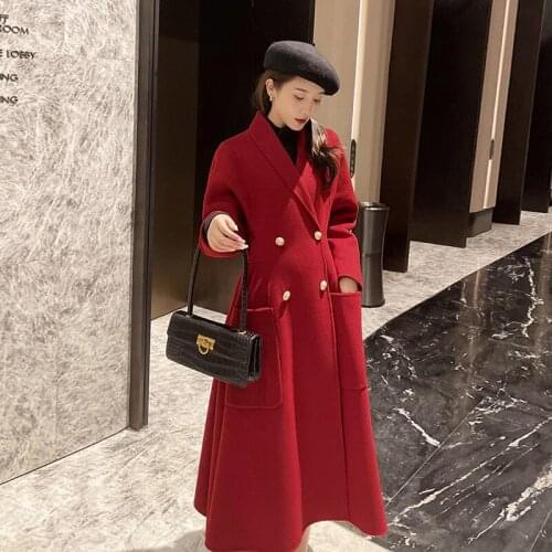 Red cashmere coat womens 2021 winter new Hepburn temperament waist closing high-end double-sided wool coat