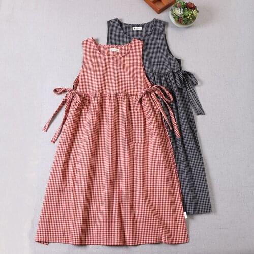 Summer Mori Girl Literary Artistic Vest Dress Cotton Linen Plaid Cover Strapless Sleeveless One-Piece Long Skirt