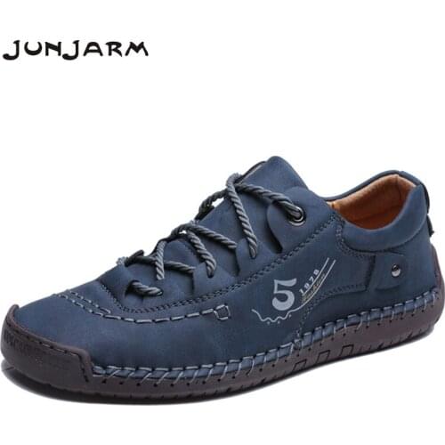 JUNJARM Handmade Men Casual Shoes Brand Men Sneakers Men Loafers Shoes Men Split Leather Breathable Moccasins Plus Size 38-48