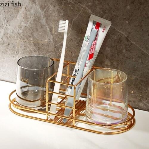 Wash Cup Set Wall/desktop Metal Cup Holder Bathroom Supplies Glass Mouthwash Cup Toothbrush Toothpaste Wall Hanging Storage Rack