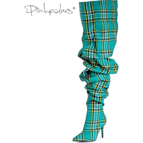 Limited Edition Pink Palms Shoes Women Pleated Boots in Sexy Winter Over the Knee Boots Women High Heels Plaid Boots Green