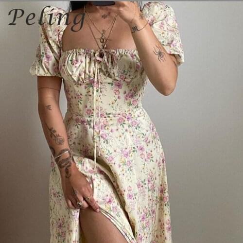 2021 Fashion Floral Print Summer Women Dresses Puff Sleeves Off Shoulder High Split Elegant Dress Night Club Sexy Dress Vestidos