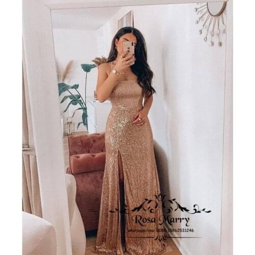 Gold Sequined Mermaid Bridesmaid Dresses 2021 Mermaid Straps Side Split Cheap Wedding Guest Gowns Maid Of Honors for Women