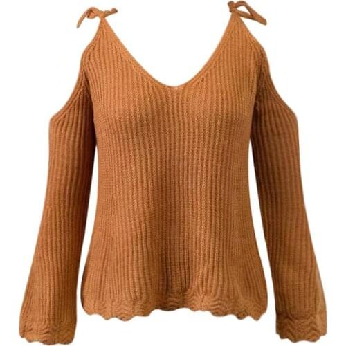 LOGAMI Off Shoulder V Neck Flare Sleeve Pullovers And Sweaters Female Sexy Fashion Jumper Woman Sweater