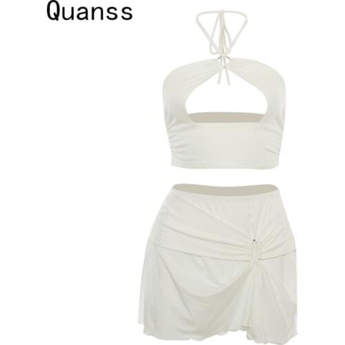 Quanss Halter Hollow Out Crop Top And Skirt 2 Piece Set Women Summer Black White Sexy Streetwear Club Skirts Suits 2021 Outfits