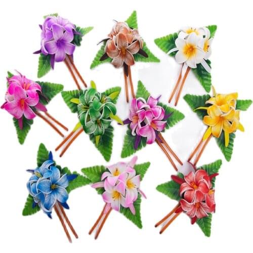 MIXED COLOR Free Shipping 50pcs/Lot HC00050 10Color 3-Foam Plumeria Hair Stick W Spide Lily &Fern Leaves Hawaii Tropical Flower