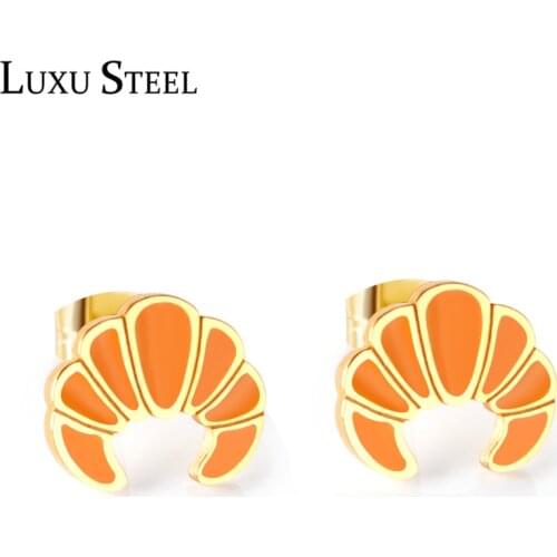 LUXUSTEEL Cute Style Stainless Steel Earrings Orange Color Croissant Stud Earring Fashion Jewelry Gold Color Small Earrings