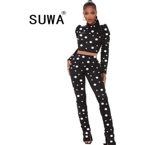 Crop Top Two Piece Set Dot Printed Autumn Winter Long Sleeve Women Set Pants 2 Piece Tracksuit Cool Girl Office Outfits