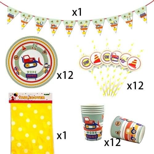 Party supplies 38pcs for 12kids Construction Vehicle theme birthday party deco tableware set, plate+cup+straw+banner+tablecover